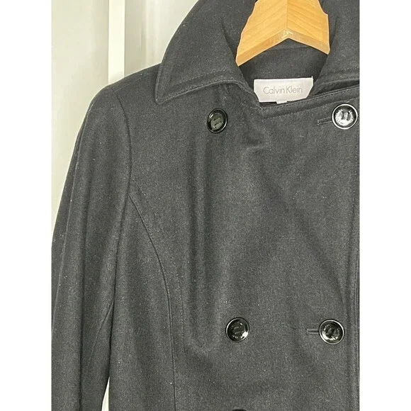 Calvin Klein Peacoat Womens 10 Black Jacket Wool Double Breasted Pocket Neck - Picture 2 of 16